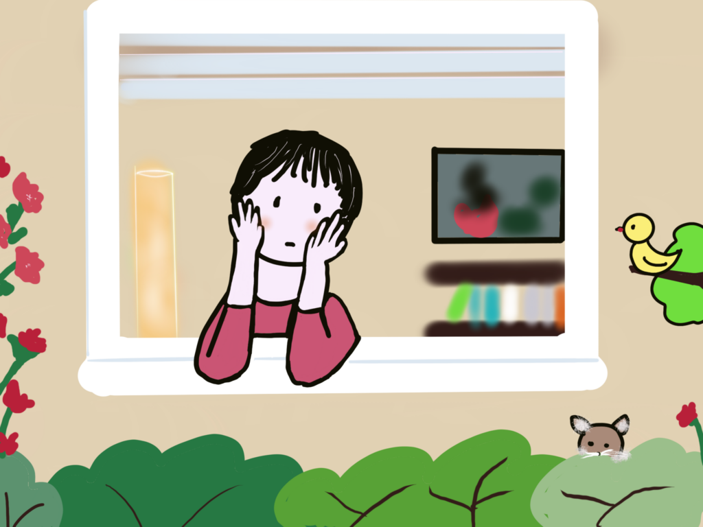 Eine junge Frau schaut verzweifelt zum Fenster raus. Hinter ihr in der Wohnung ein Fernseher, auf dem eine Explosion zu sehen ist. Vor ihr grüne Büsche. Ein Vögelchen und eine Katze schauen zu. Bildnr. 460 "Kriegsangst" von Dunja Voos